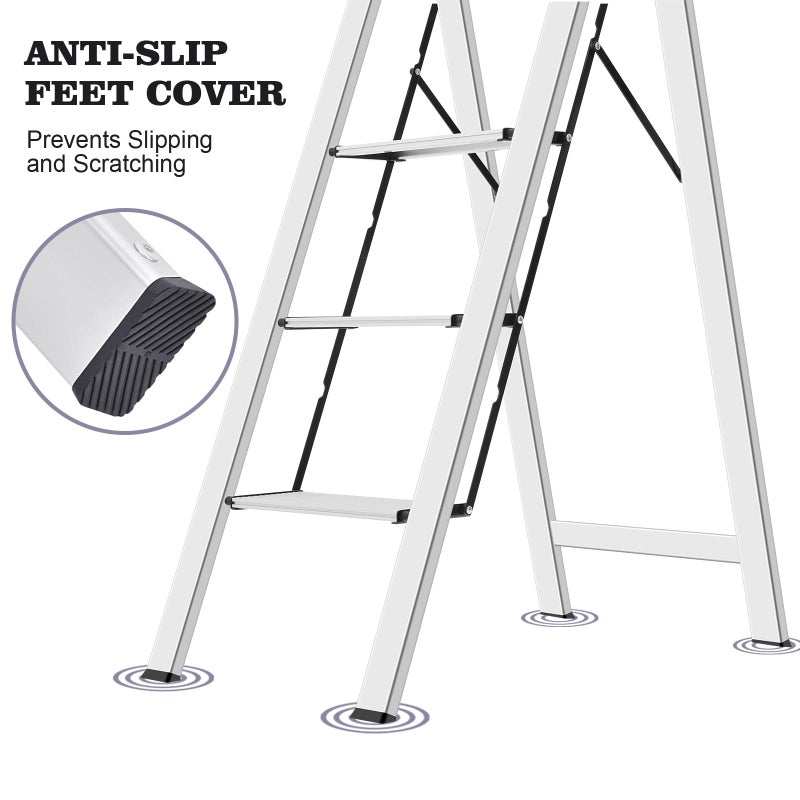 KINGRACK Aluminium 4 Step Ladder, Lightweight Step Stool with Non-Slip Pedals, Handrail, Foldable Step Ladder for Kitchen, Garage, Home, Space Saving, Sturdy and Portable, Silver - Image 3