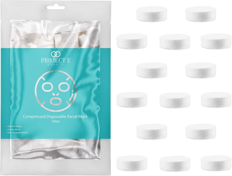 Project E Beauty 100pcs Disposable Compressed Facial Mask by Project E Beauty | DIY Sheet Mask | Cotton Mask for Travel & Home Use | Cosmetic Facial Paper for Toner, Serum, or Lotion (100, Compressed Facial Mask)
