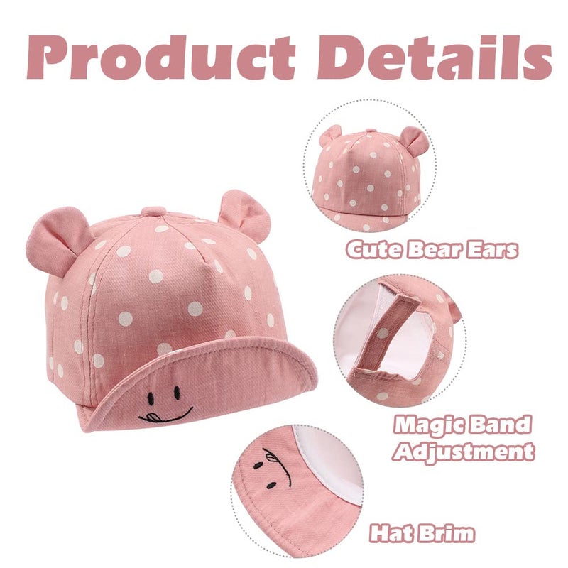 JANGANNSA Polka Baby Baseball Caps Infant Toddler Sun Cap Boys Girls Summer Hat with Bear Ears 6-24Months (Polka Pink) - Image 3