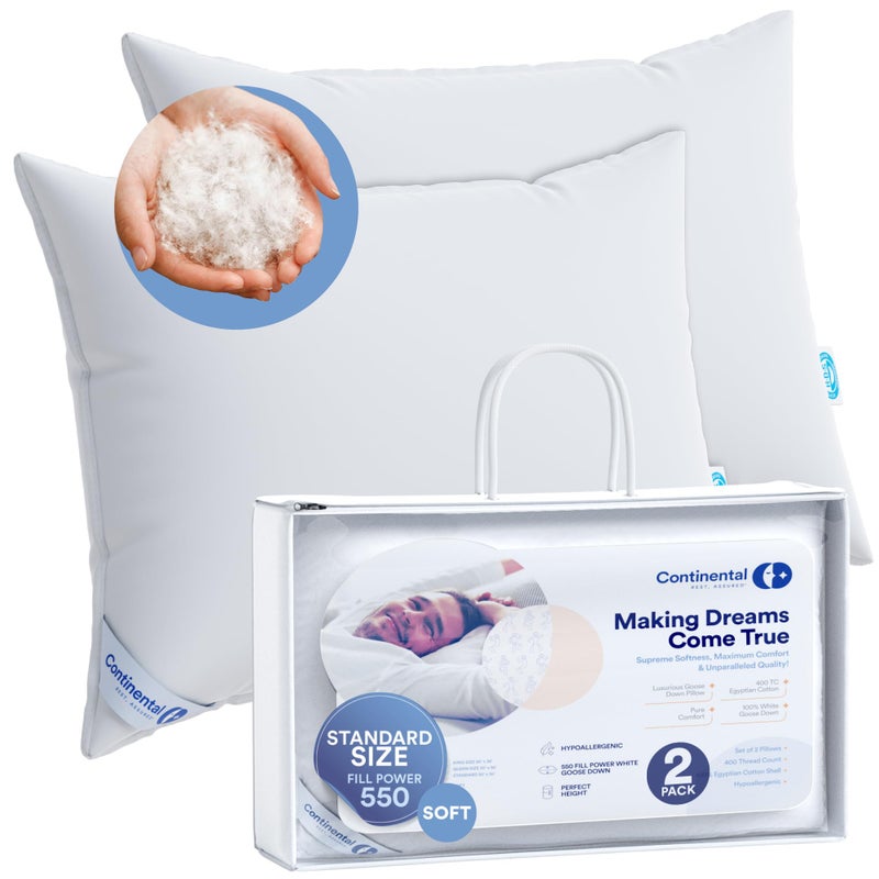 Continental Bedding Continental Bedding  Harmony White Down Pillow  550 Fill Power  400 Thread Count Cotton Cover  Made in USA  Soft Standard Pack of 2 2 