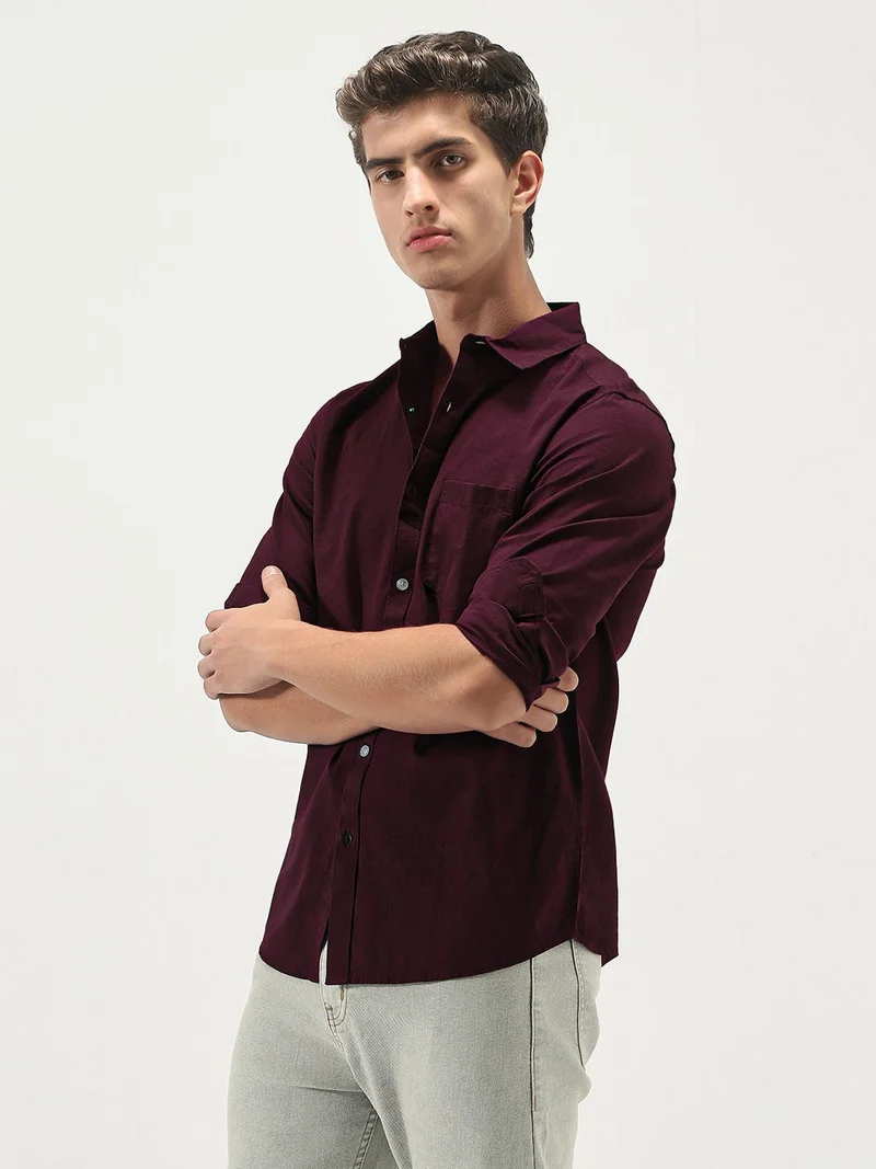 Urbano Fashion Men's Maroon Cotton Full Sleeve Regular Fit Casual Solid Slub Shirt with Spread Collar
