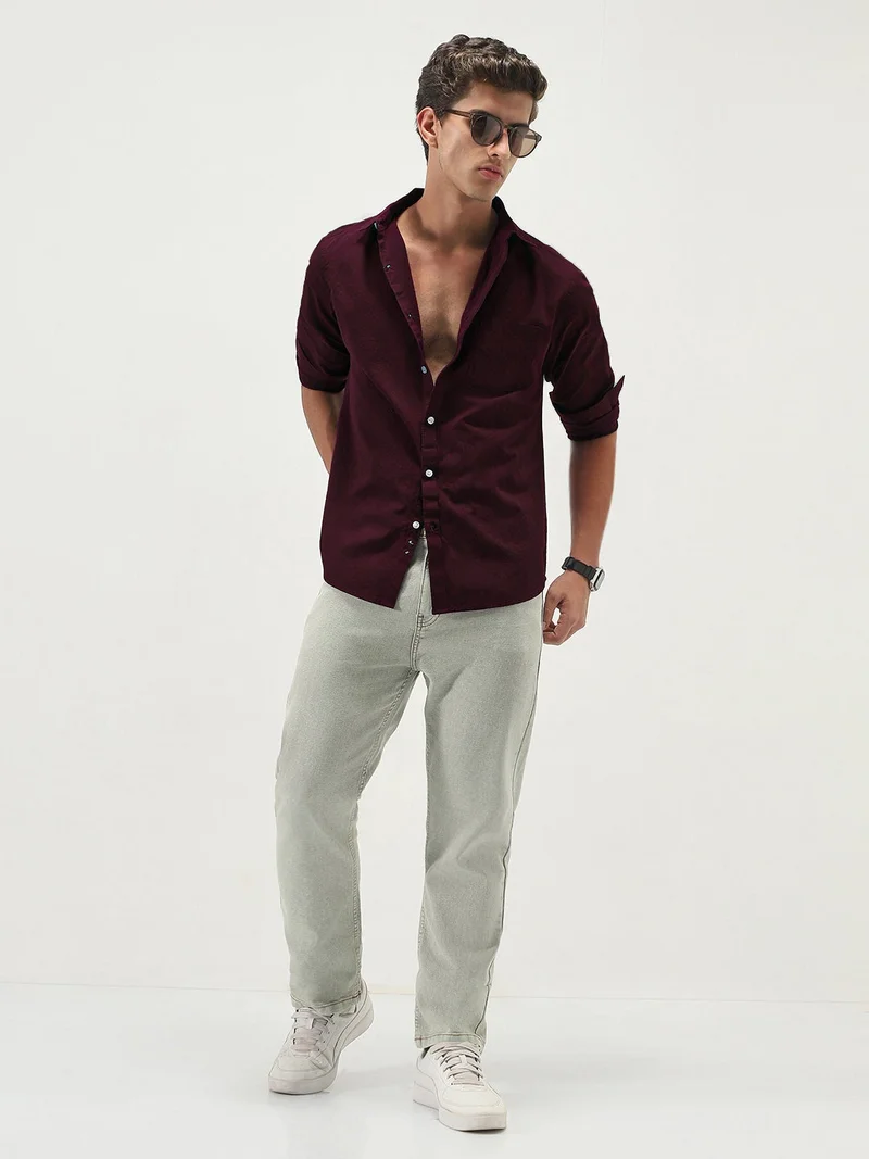 Urbano Fashion  Urbano Fashion Men's Maroon Cotton Full Sleeve Regular Fit Casual Solid Slub Shirt with Spread Collar  | Best Price UAE