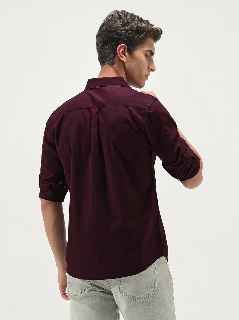 Urbano Fashion  Urbano Fashion Men's Maroon Cotton Full Sleeve Regular Fit Casual Solid Slub Shirt with Spread Collar  | Best Price UAE