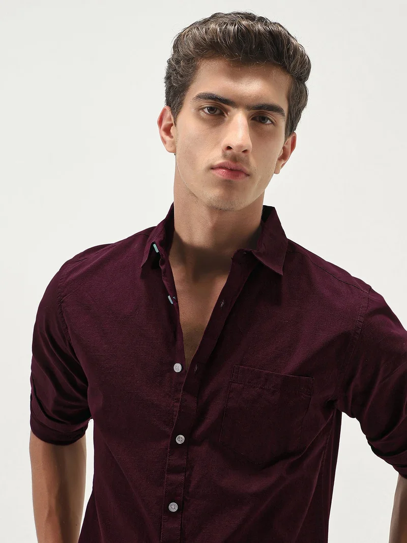 Urbano Fashion  Urbano Fashion Men's Maroon Cotton Full Sleeve Regular Fit Casual Solid Slub Shirt with Spread Collar  | Best Price UAE