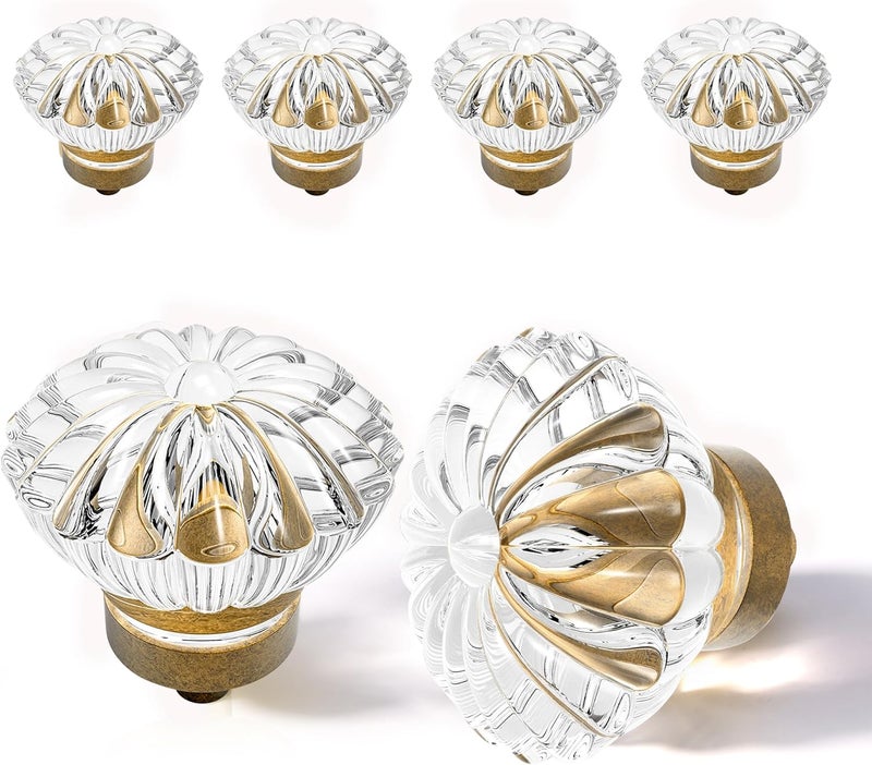 CEYMIO Crystal Cabinet Knobs Cabinets Knob, 4 Pack Flower Antique Brass Vintage Glass Clear Crystal Small Pull for Closet Dresser Drawers Cupboard Wardrobe, Alloy Retro Pulls Old Style Bronze Drawer Handle - Image 1