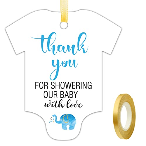 EKSPLODI 50 PCS Thank You for Showering Our Baby with Love Cute Blue Elephant Thank You Tags Baby Onesie Shaped Gift Tags Baby Shower Favor Tags Baby Shower Birthday Party Favor Decorations - Image 2