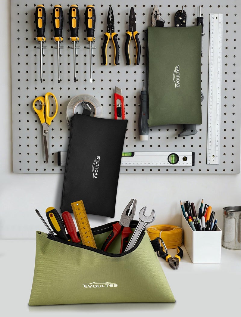 EVOULTES 12 Inch Tool Pouches with Zipper, Small Tools Bags with Carabiner, Multi Purpose Utility Organizer Bags for Tools (3 Pack in Tan, Navy Green, Black) - Image 5
