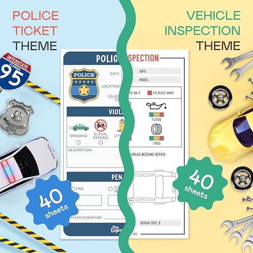 Tiny Expressions Pretend Play Notepads - 2-Pack Kids - 40 Pages Police Ticket & 40 Pages Vehicle Inspection Pads - Police Officer & Mechanic Imaginative Role Play - Image 2