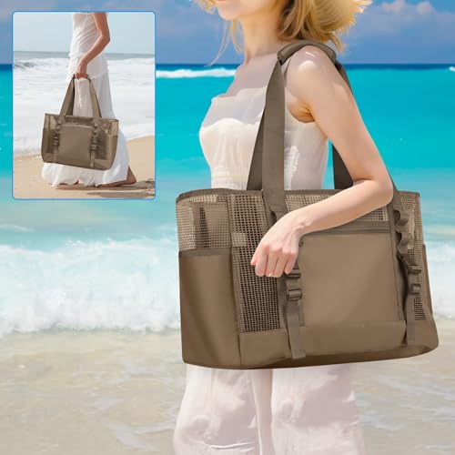 Yarwo Large Beach Tote Bag for Family 356L Collapsible Mesh Beach Bag with Wet Dry Pockets and WaterResistant Bottom for Family Summer Vacation Swimming Pools Cruise Essentials Brown - Image 3