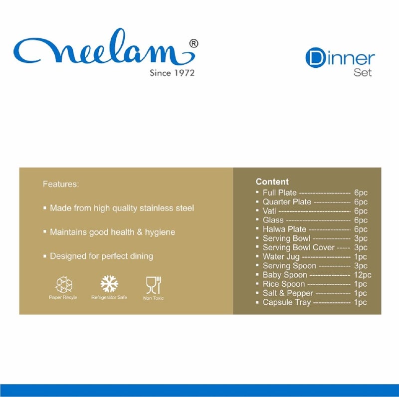 Neelam Neelam Stainless Steel 22 Gauge, 55 Pieces Premium Dinner Set, Ideal Gifting Dinner Set, Ideal for Special Occasions Like Anniversary, Wedding, Housewarming Party, Easy to Clean & Dishwasher Safe - Image 5