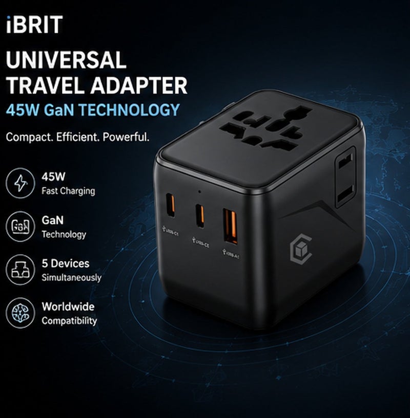 iBRIT Universal Travel Adapter 45W GaN Fast Charger, Worldwide Travel Adapter with 2 USB-C & 1 USB-A, 5-Device Charging, Compact International Plug Adapter for iPhone, iPad, Laptop & More - Image 1