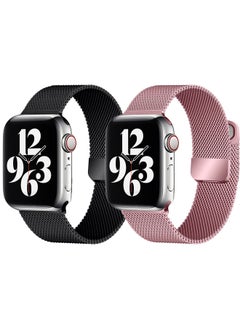 YOMNA [set of 2] YOMNA Magnetic Metal Milanese Loop Band Compatible with Apple Watch Band 42mm 44mm 45mm 49mm, Mesh Strap Replacement for iWatch Series Ultra SE 8 7 6 5 4 3 2 1 (Jet Black/Rose Gold) 