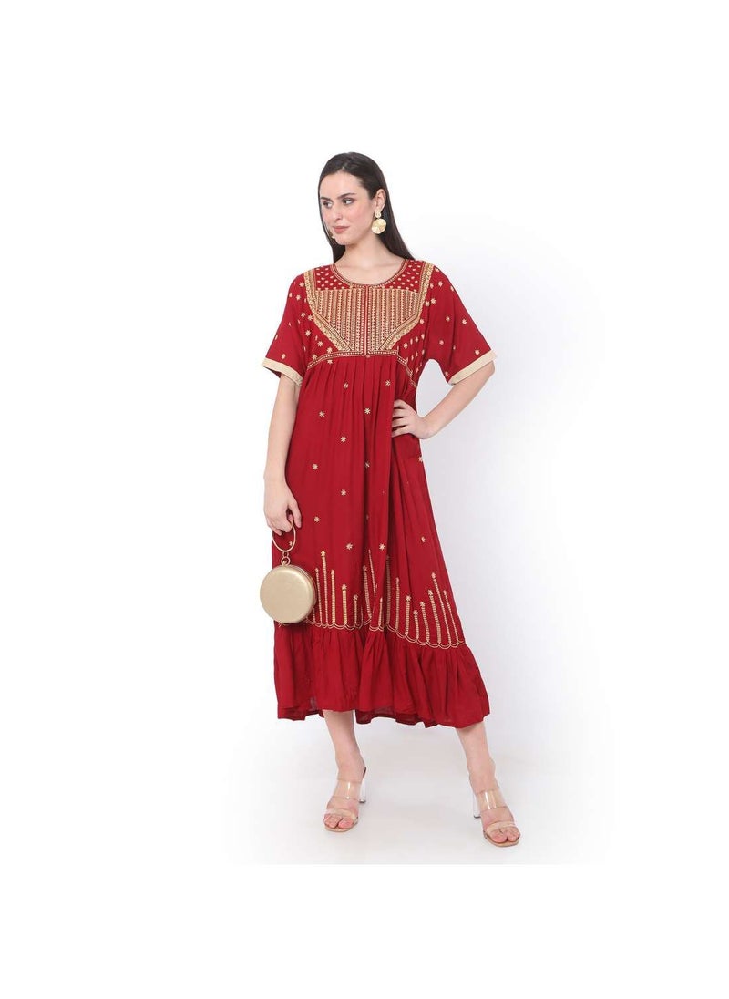 HANA & SARA RED SHORT EMBROIDERED VISCOSE ARABIC JALABIYA KAFTAN DRESS  - Image 1
