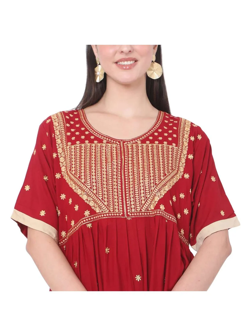 HANA & SARA RED SHORT EMBROIDERED VISCOSE ARABIC JALABIYA KAFTAN DRESS
