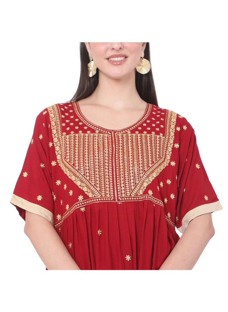 HANA & SARA RED SHORT EMBROIDERED VISCOSE ARABIC JALABIYA KAFTAN DRESS  - Image 3