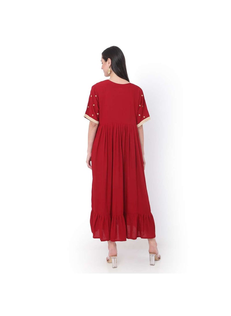 HANA & SARA RED SHORT EMBROIDERED VISCOSE ARABIC JALABIYA KAFTAN DRESS  - Image 2