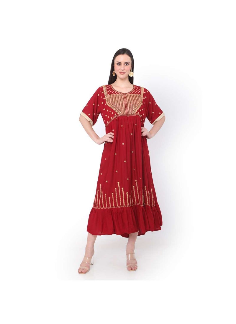 HANA & SARA RED SHORT EMBROIDERED VISCOSE ARABIC JALABIYA KAFTAN DRESS  - Image 4
