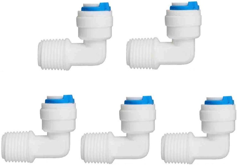 1/4" أنبوب دفع مناسب × 1/4" ذكر خيط كوع موصل سريع تركيبات أنابيب لنظام تنقية المياه بالتناضح العكسي RO (عبوة من 5 قطع)