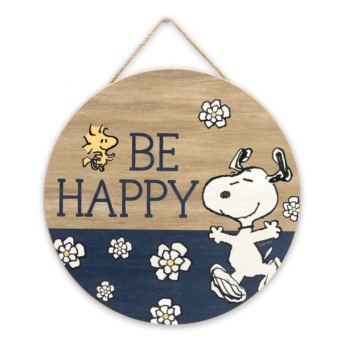 PEANUTS SNOOPY BE HAPPY ROUND HANGING WOOD WALL DECOR FUN SNOOPY SIGN FOR HOME DECORATING GREAT GIFT IDEA
