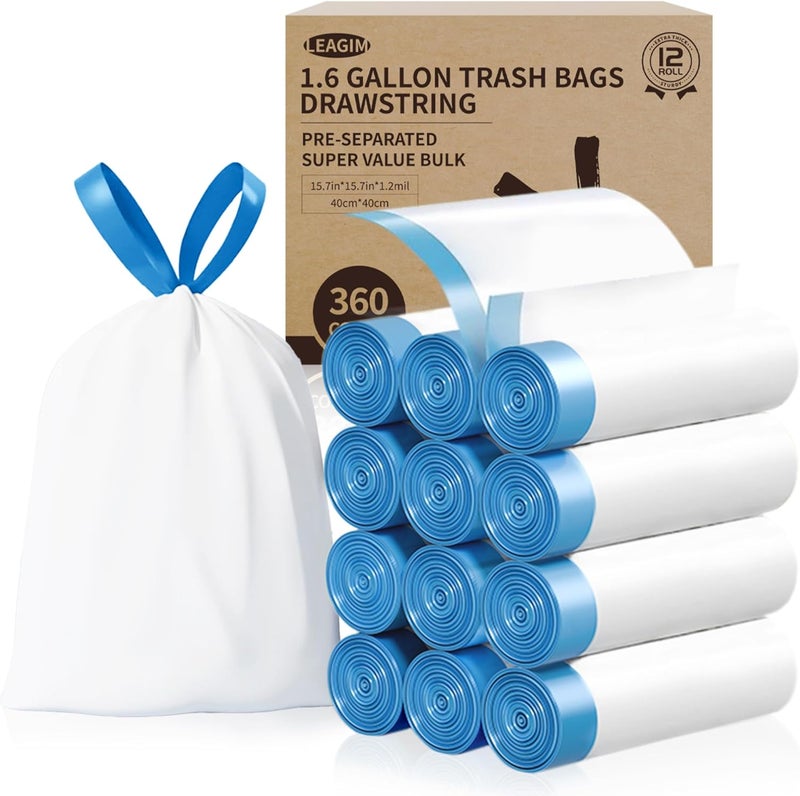 LEAGIM Small Trash Bags 1.6 Gallon, 360 Count -1.2 Mil Drawstring Mini Garbage Bags, White Plastic Trash Can Liners for Bathroom Accessories, 6 Liter, Bedroom, Dorm Room Essentials, Office - Image 1