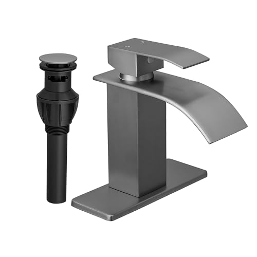 FRANSITON Brushed Grey Waterfall Bathroom Faucet Lavatory Single Handle 1 or 3 Hole Bathroom Sink Faucet with Deck and Popup Drain Brushed Grey Short - Image 1