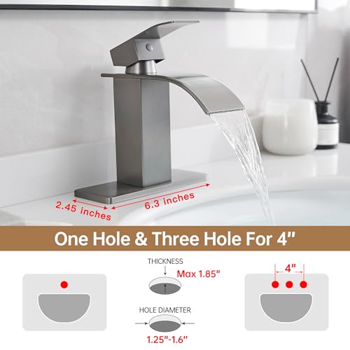 FRANSITON Brushed Grey Waterfall Bathroom Faucet Lavatory Single Handle 1 or 3 Hole Bathroom Sink Faucet with Deck and Popup Drain Brushed Grey Short - Image 3