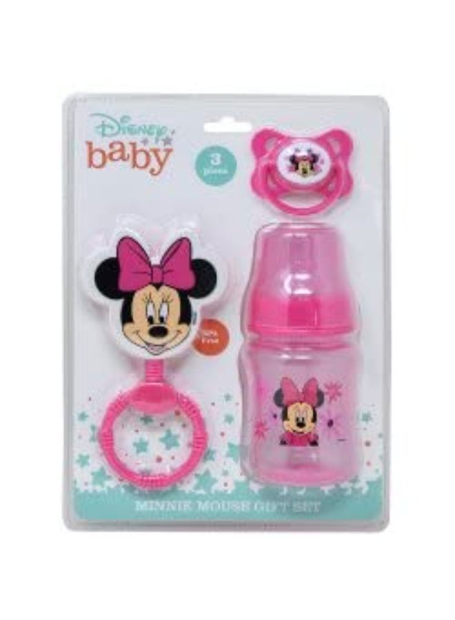 Cudlie Disney Baby Girl Minnie Mouse Bottle, Rattle & Pacifer Set