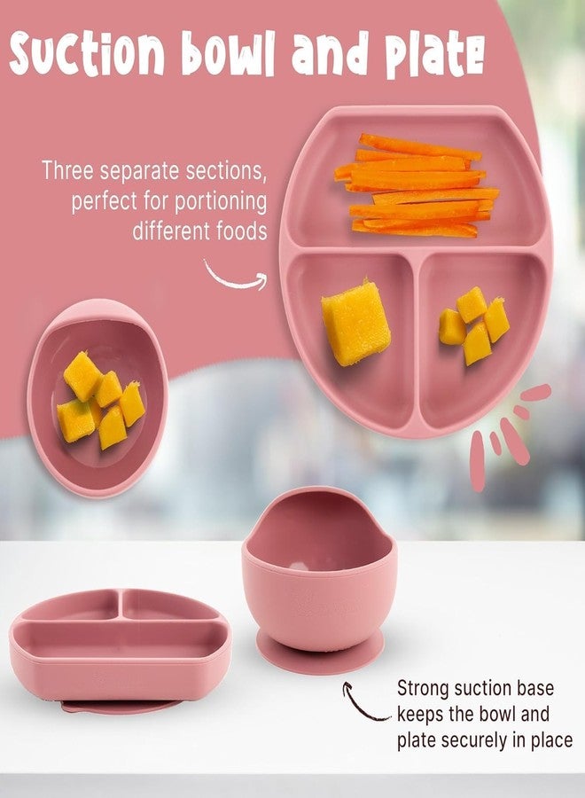 PIHARVA Silicone Baby Feeding Set for Self-Feeding | Suction Bowl, Divided Plate, Toddler Utensils (Spoons & Forks), Sippy Cup & Adjustable Bib for Weaning (Pink) - Image 4