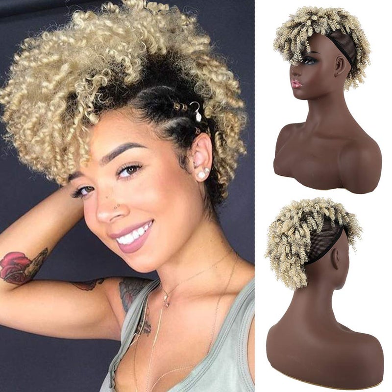 Aisaide High Puff Afro Mohawk PonytailShort Curly Ponytail ExtensionMohawk Kinky Synthetic Hair Bun with BangsBrown Ponytail Wrap Updo Clip in Hair Extensions with Six Clips and Two Comb