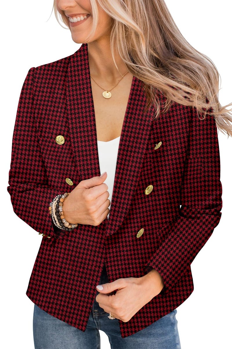 CRAZY GRID Women Work Casual Blazer Double Breasted Business Blazer Jackets with Lined Long Sleeve Gold Buttons Stretch Suit Jacket Medium Red Plaid - Image 2