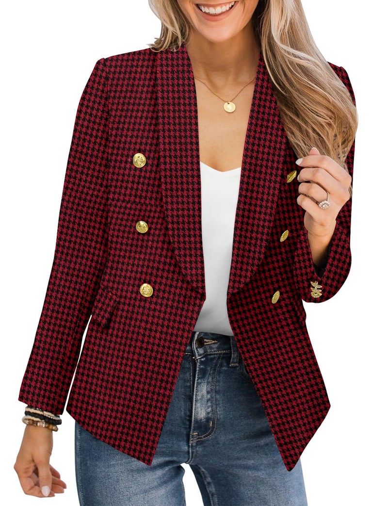 CRAZY GRID Women Work Casual Blazer Double Breasted Business Blazer Jackets with Lined Long Sleeve Gold Buttons Stretch Suit Jacket Medium Red Plaid - Image 1