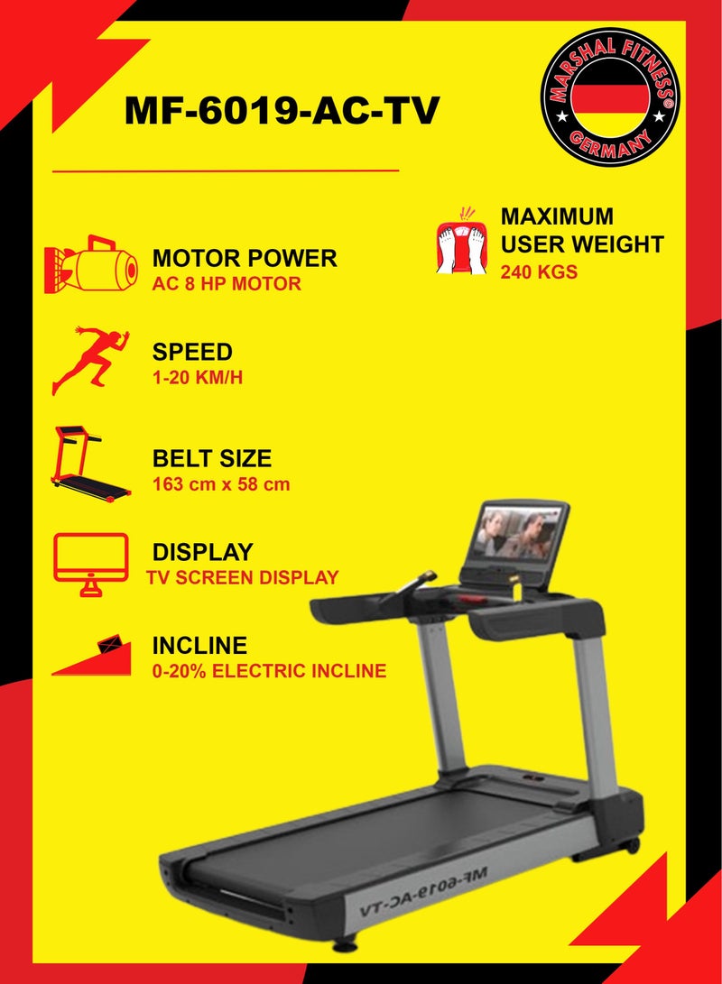 Marshal Fitness MF-6019-AC-TV Low Noise 8 HP AC Motor TV Screen Display Electric Incline Foldable Treadmill Maximum User Weight 240 KGS - Image 3