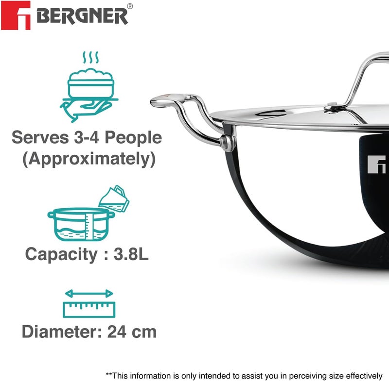 Bergner Argent 24cm (3.8L) Tri-Ply Stainless Steel Deep Stir-Fry Pan, Multipurpose Curry Pan with Lid, Less Oil Use Healthy Cooking, Food Safe, Stay-Cool Handles, Induction & Gas Stove Compatible - Image 4
