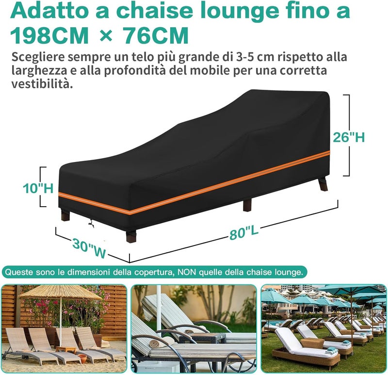 LCGOD Chaise Lounge Covers 2 Pack Waterproof Outdoor, 600D Heavy Duty Windproof Patio Furniture Covers with Reflective Strips for All Weather Protection, 79"x30"x28"H, Black - Image 2