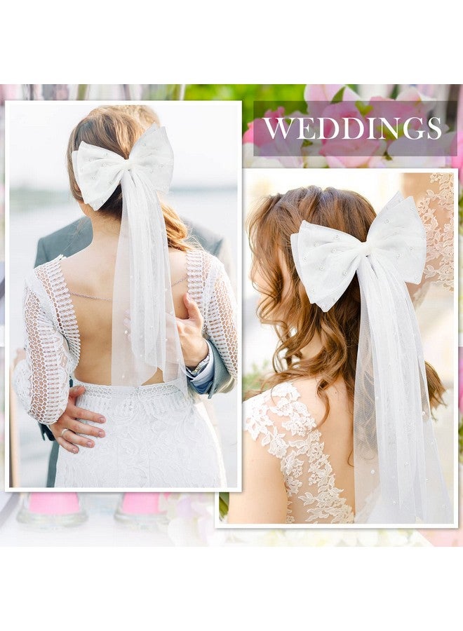 Juinte Bridal Hair Bow Veil Bachelorette Party Pearl Hair Clip Wedding Veil Bride Hair Accessories Bridesmaid Favors Large Hair Bow With Barrette Bachelorette Party Decorations(Whitepearl Bow) - Image 4