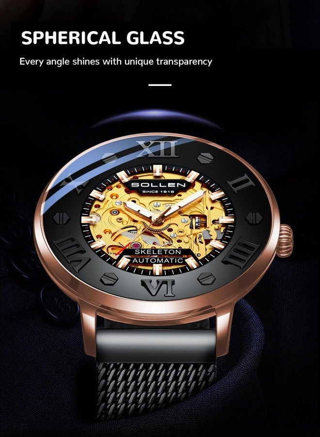 SOLLEN Men's Skeleton Automatic Watches, Original Mechanical Watch Movement, Double-Sided Skeleton Self-Winding Watches for Men, 3ATM Water Resistant Luminous Luxury Casual Wrist Watches Gift for Men - Image 3