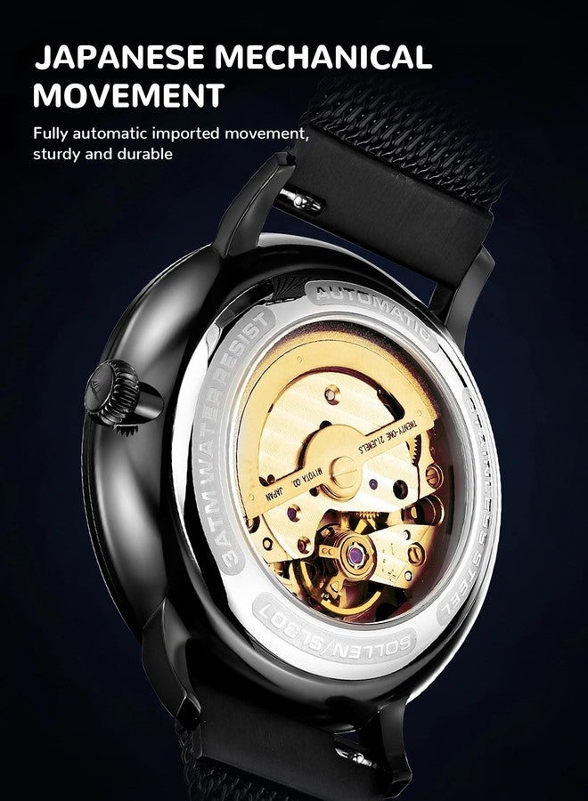 SOLLEN Men's Skeleton Automatic Watches, Original Mechanical Watch Movement, Double-Sided Skeleton Self-Winding Watches for Men, 3ATM Water Resistant Luminous Luxury Casual Wrist Watches Gift for Men - Image 4