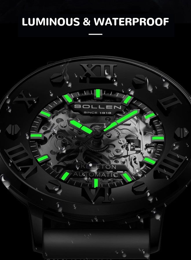 SOLLEN Men's Skeleton Automatic Watches, Original Mechanical Watch Movement, Double-Sided Skeleton Self-Winding Watches for Men, 3ATM Water Resistant Luminous Luxury Casual Wrist Watches Gift for Men - Image 5