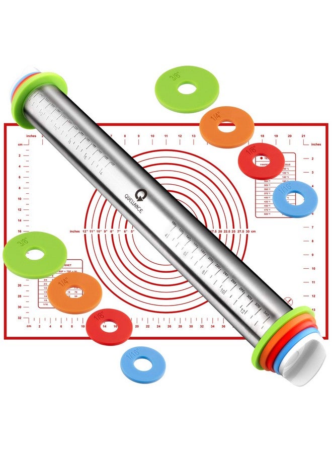 Quellance Rolling Pin and Pastry Baking Mat Set, Rolling Pins with Adjustable Thickness Rings, Stainless Steel Dough Roller for Baking Fondant, Pizza, Pie, Pastry, Pasta, Cookies (Red Mat) - Image 1