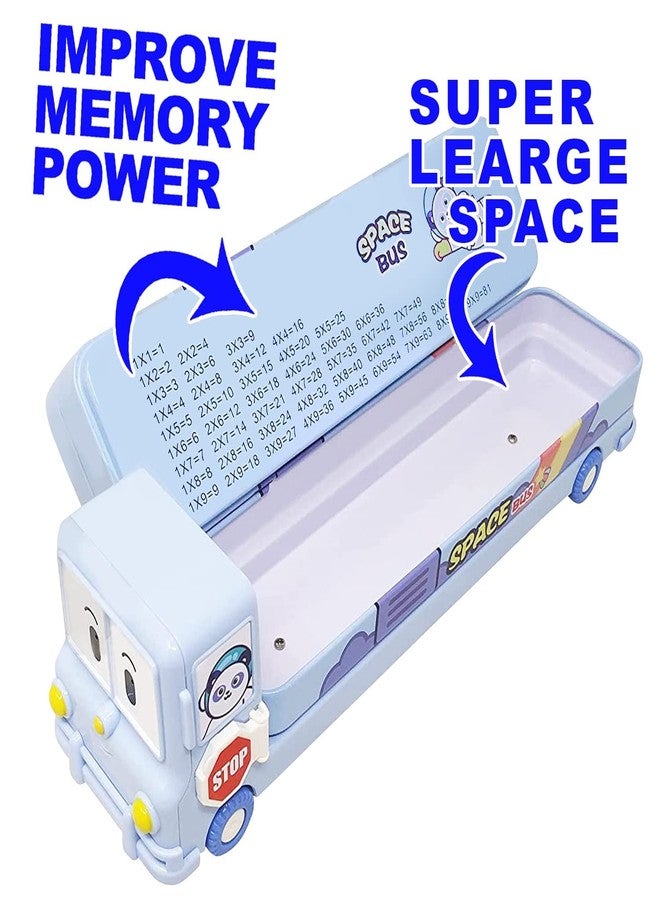 ikis Cartoon Printed School Bus Matal Pencil Box with Moving Tyres and Sharpner for Kids - Assorted Color/Multi Color - Image 3