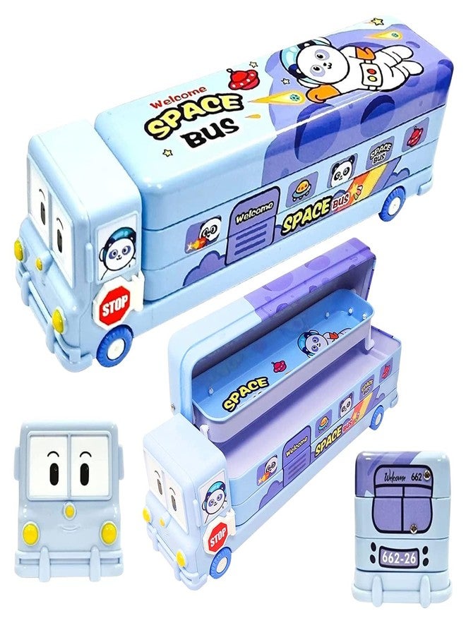 ikis Cartoon Printed School Bus Matal Pencil Box with Moving Tyres and Sharpner for Kids - Assorted Color/Multi Color - Image 1