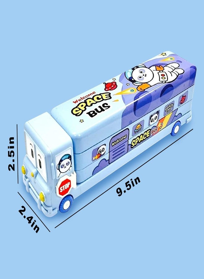 ikis Cartoon Printed School Bus Matal Pencil Box with Moving Tyres and Sharpner for Kids - Assorted Color/Multi Color - Image 2