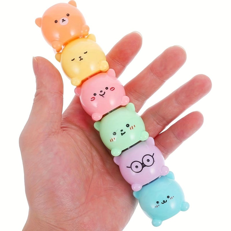 6 Colorful Mini Bear Shaped Watercolor Highlighters Stackable Cute Building Block Markers For Writing Office Supplies - Image 2