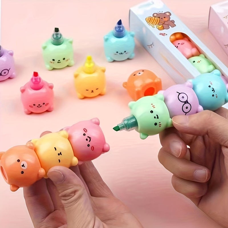 6 Colorful Mini Bear Shaped Watercolor Highlighters Stackable Cute Building Block Markers For Writing Office Supplies - Image 1