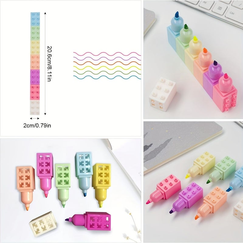 6 Colorful Mini Bear Shaped Watercolor Highlighters Stackable Cute Building Block Markers For Writing Office Supplies - Image 5