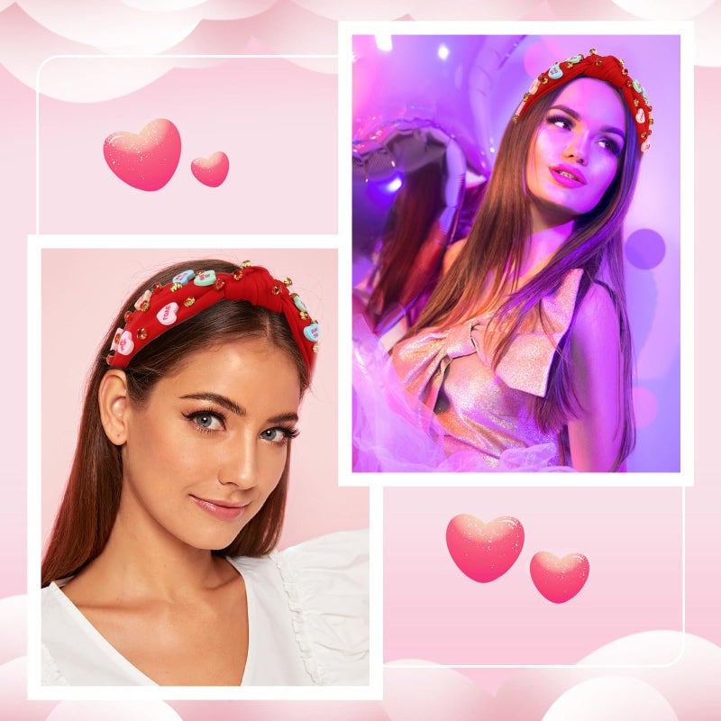 YARIEW Valentines Day Headbands for Women Love Sweet Red Heart Headband Rhinestone Knotted Headband for Women Valentine Day Decorations Fashion Headband Hair Accessories - Image 4