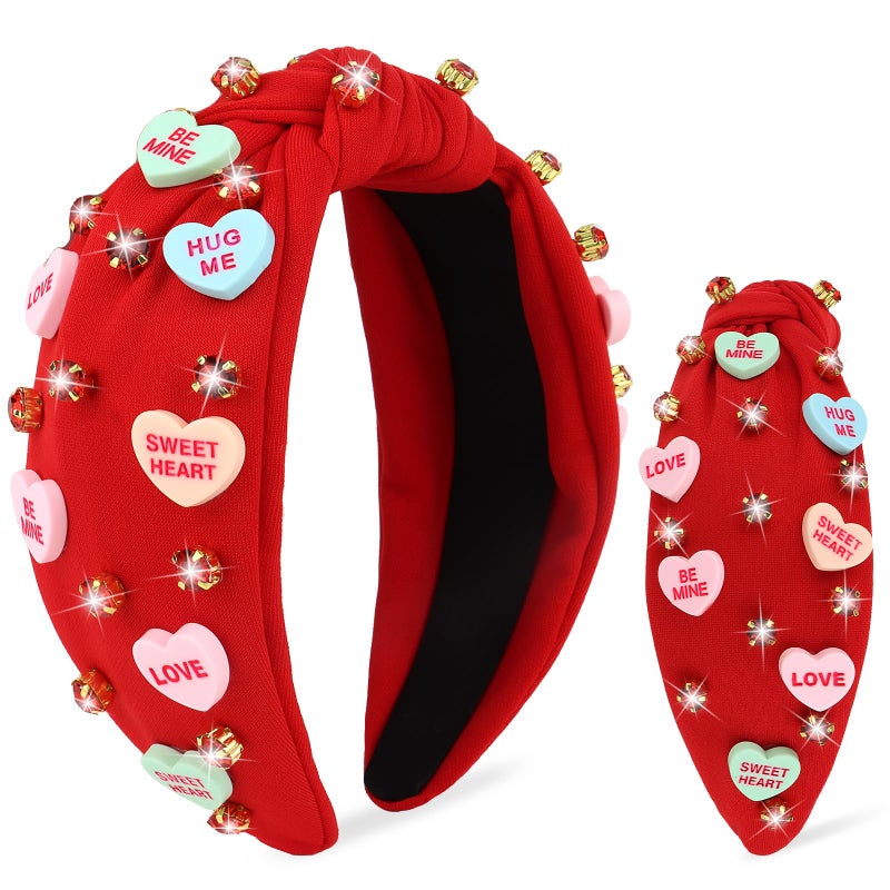 YARIEW Valentines Day Headbands for Women Love Sweet Red Heart Headband Rhinestone Knotted Headband for Women Valentine Day Decorations Fashion Headband Hair Accessories - Image 1