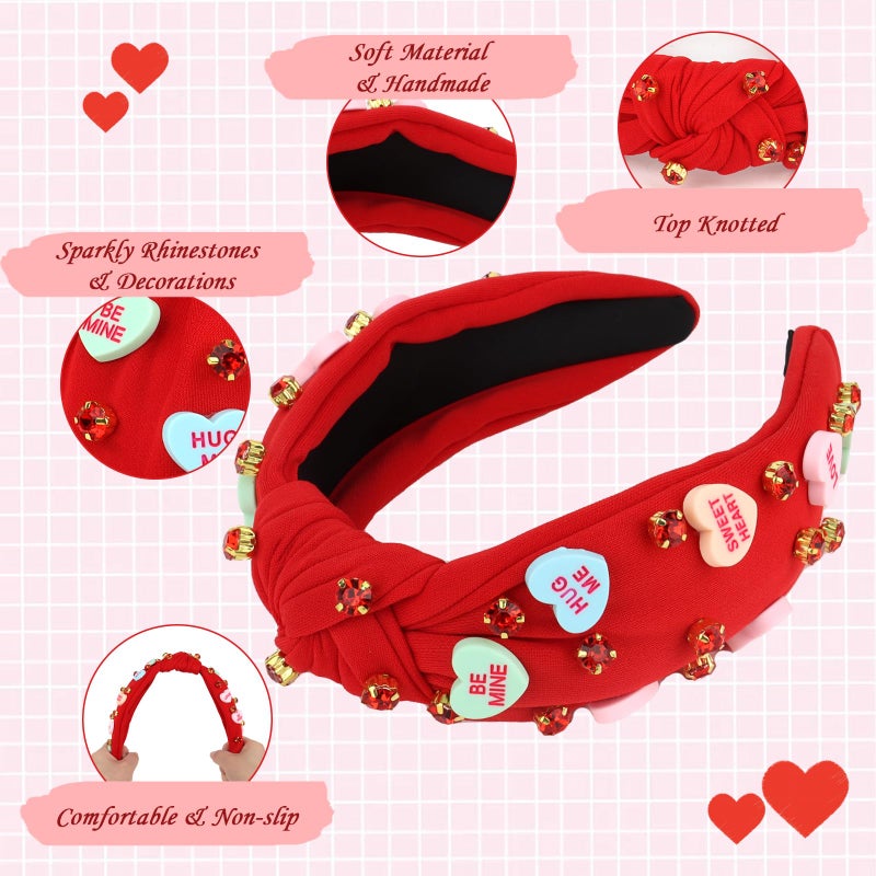 YARIEW Valentines Day Headbands for Women Love Sweet Red Heart Headband Rhinestone Knotted Headband for Women Valentine Day Decorations Fashion Headband Hair Accessories - Image 3