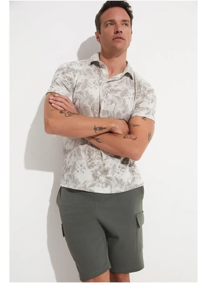 JUNE June Men Linen Looked Patterned Neck Tshirt Brown