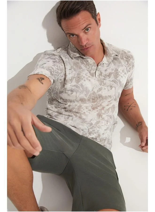 JUNE June Men Linen Looked Patterned Neck Tshirt Brown